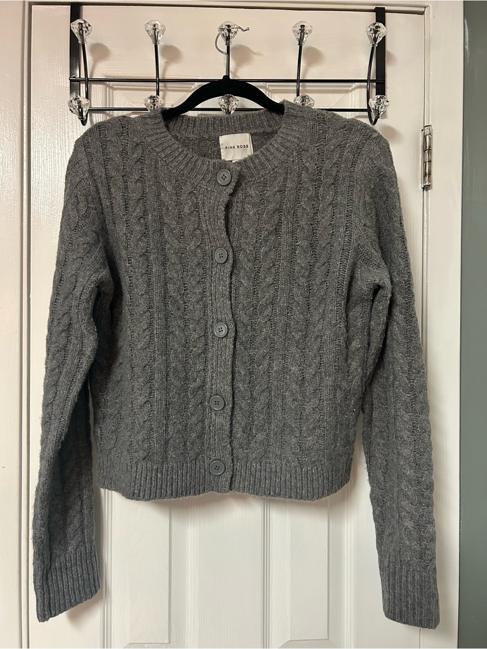 Pink Rose Cable Knit Button-Front Cardigan - Gray